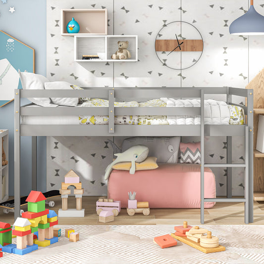 BTMWAY Loft Beds for Kids, Twin Wood Loft Bed with Safety Guard Rail and Ladder, No Box Spring Needed, Space Saving Low Loft Bed for Boys Girls, Gray