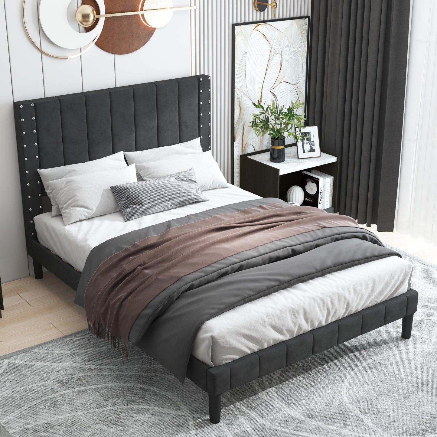 BTMWAY Upholstered Queen Bed, Faux Leather Upholstered Platform Bed Frame with Headboard, LJC