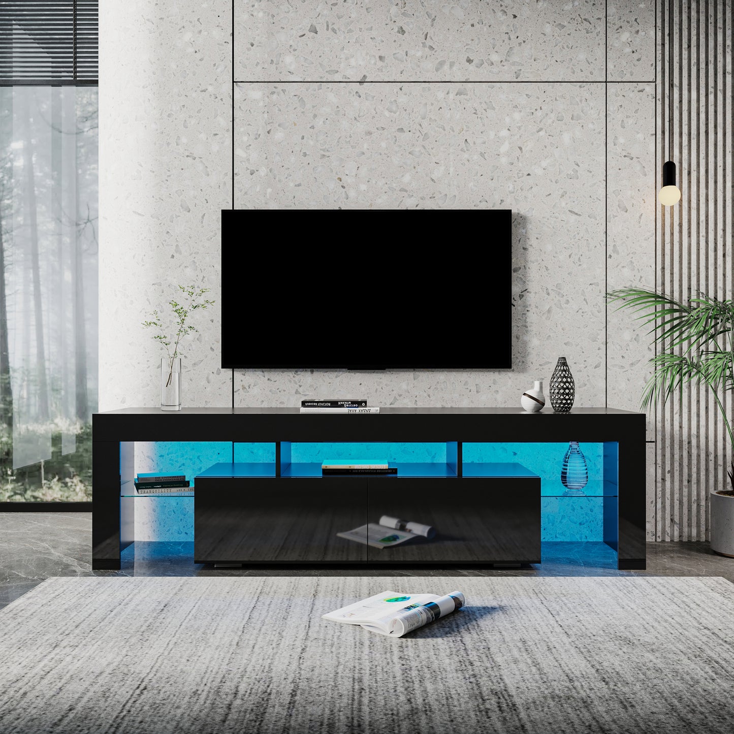 Black TV Stand for 70 Inch TV, Modern High Glossy TV Cabinet with Remote Control 16 Colors LED Lights