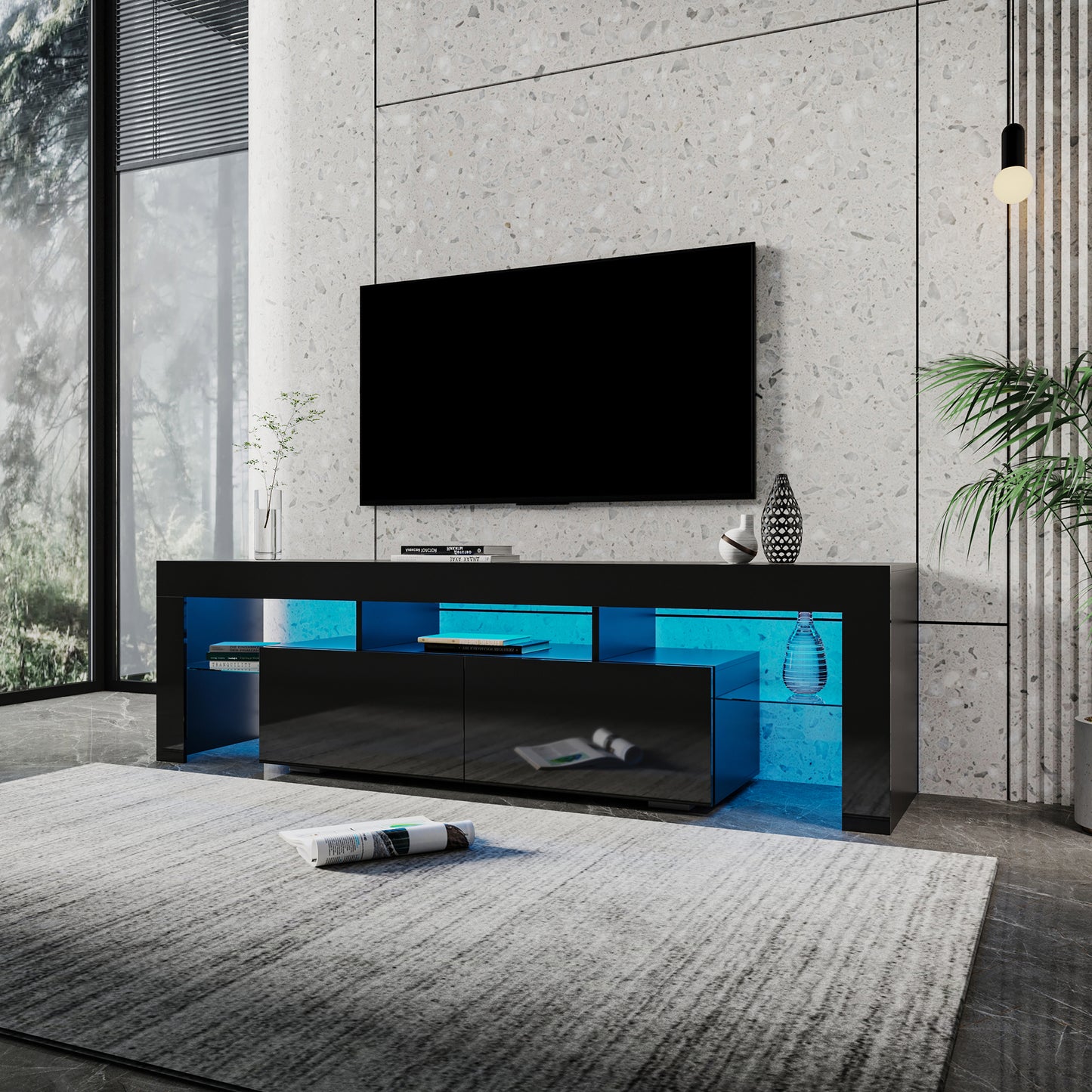 Black TV Stand for 70 Inch TV, Modern High Glossy TV Cabinet with Remote Control 16 Colors LED Lights