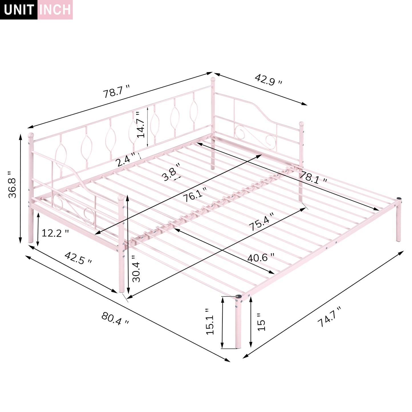 BTMWAY Daybed with Trundle Included, Twin Size Metal Daybed Frame with Adjustable Trundle, Heavy Duty Extendable Daybed with Pop Up Trundle Bed