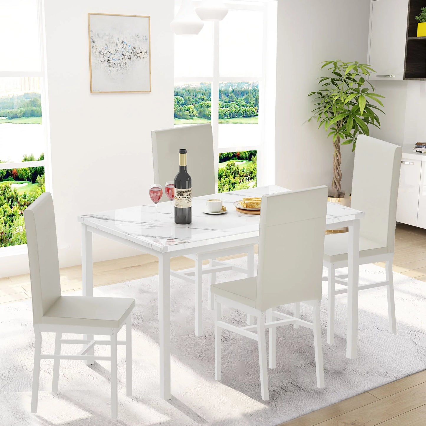 BTMWAY Rectangular Dining Table with Chairs Set for 4, 5 Piece White Faux Marble Dining Table Set with High Back Chairs, Modern Kitchen Dinette Table and Chairs Set for Home, Dining Room, N3286