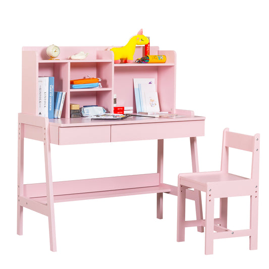 BTMWAY Kids Desk and Chair Set, Wood Study Desk for Kids with Chair, Children School Learning Table with Storage Drawers, Shelves, Student Writing Computer Workstation for Bedroom Study Room, Pink