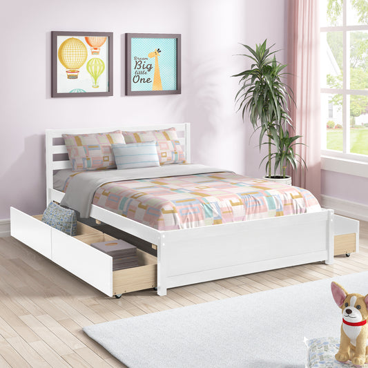 BTMWAY Full Bed Frame with Twin Headboard, Full Size Bed Frame No Box Spring Needed, Wood Full Platform Bed Frame with 4 Storage Drawers, Modern Bed Frame Full Size for Kids Teens Adults, White