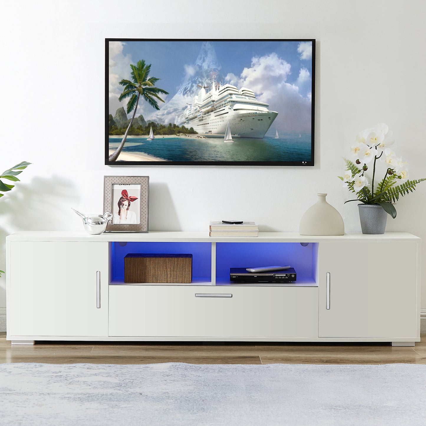 BTMWAY TV Stand for 70 Inch TV, New Generation Quick Assemble TV Cabinet with LED Lights and Drawers