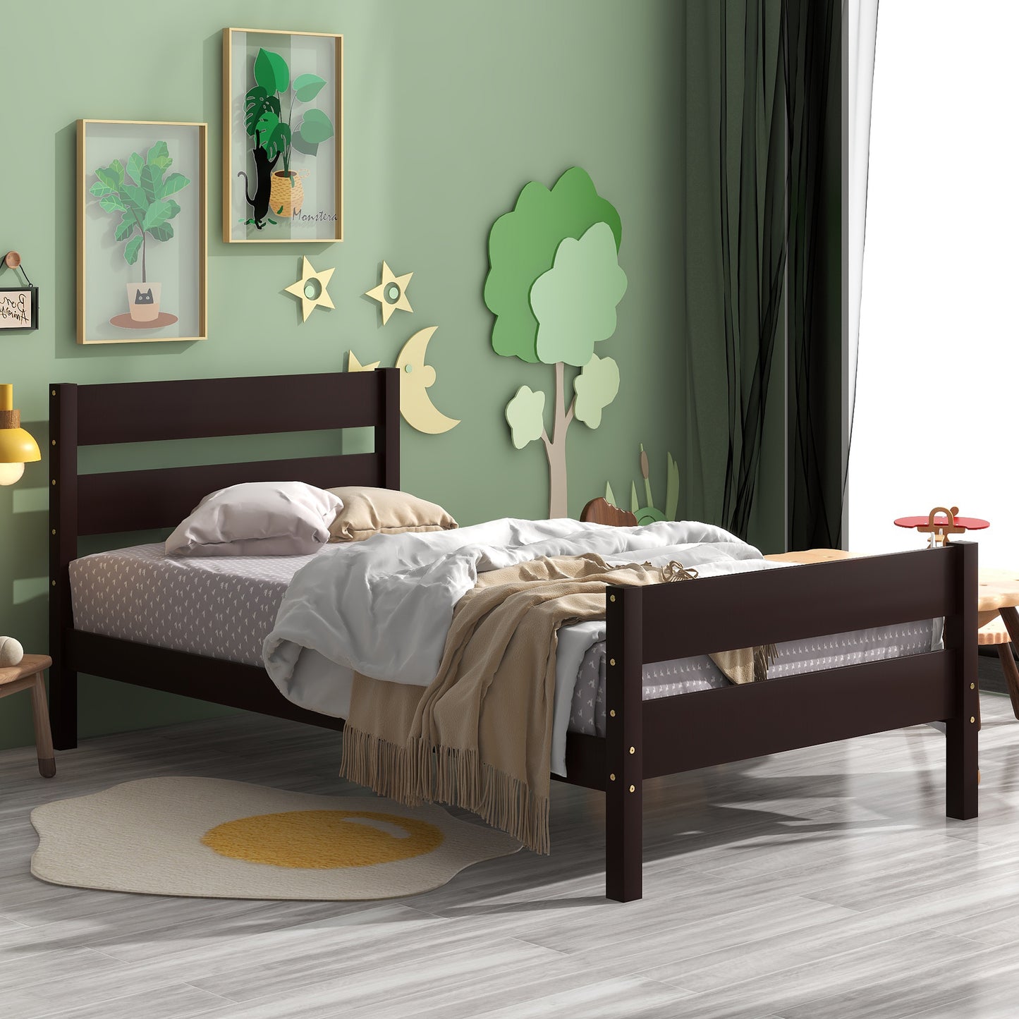 BTMWAY Wood Twin Bed Frame for Kids, Solid Wood Platform Bed Frame with Headboard and Footboard, LJC