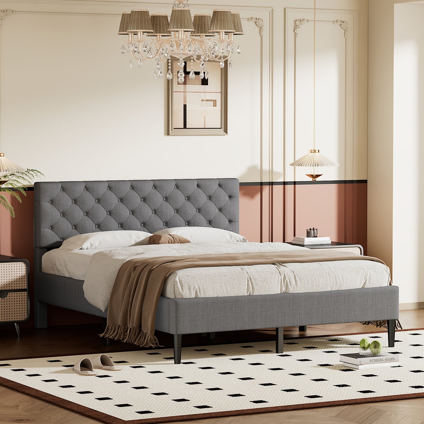 BTMWAY Full Size Bed Frame, New Upgraded Linen Fabric Upholstered Platform Bed with Button Tufted Headboard, LJC