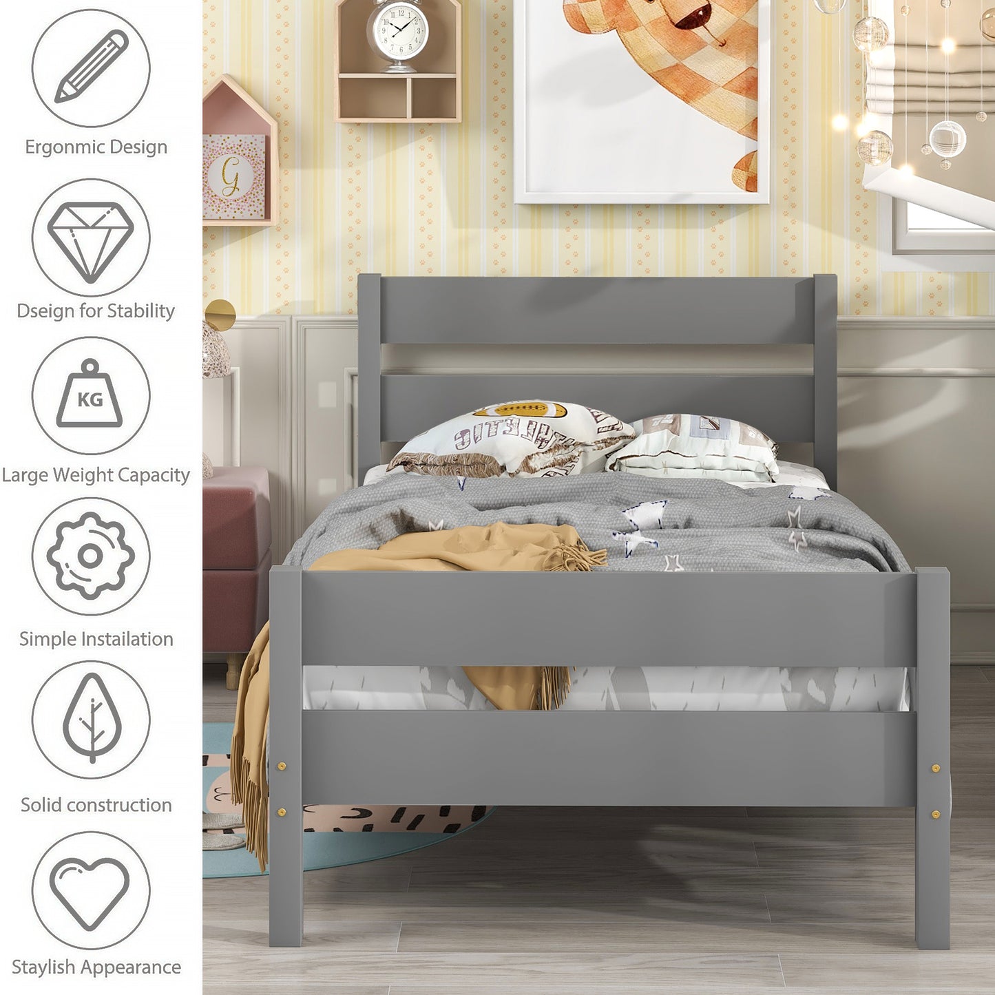 BTMWAY Twin Bed Frame with Headboard, Wood Platform Bed Frame, Modern Twin Size Bed Frame for Kids Teens, No Box Spring Needed, LJC