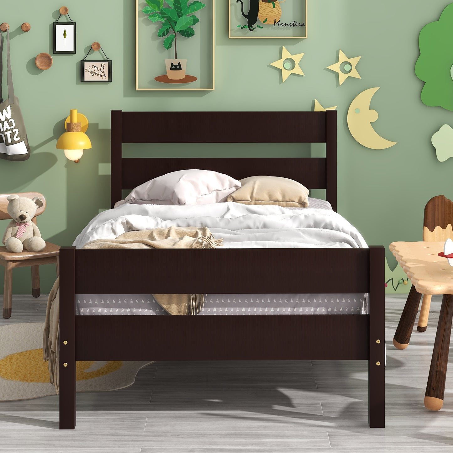 BTMWAY Wood Twin Bed Frame for Kids, Solid Wood Platform Bed Frame with Headboard and Footboard, LJC