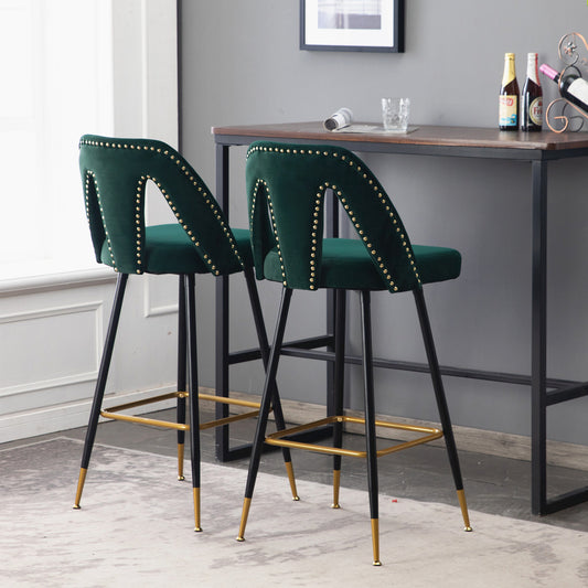 BTMWAY Counter Height Bar Stools Set of 2, Velvet Upholstered Bar Chairs with Nailheads & Gold Tipped Black Metal Legs