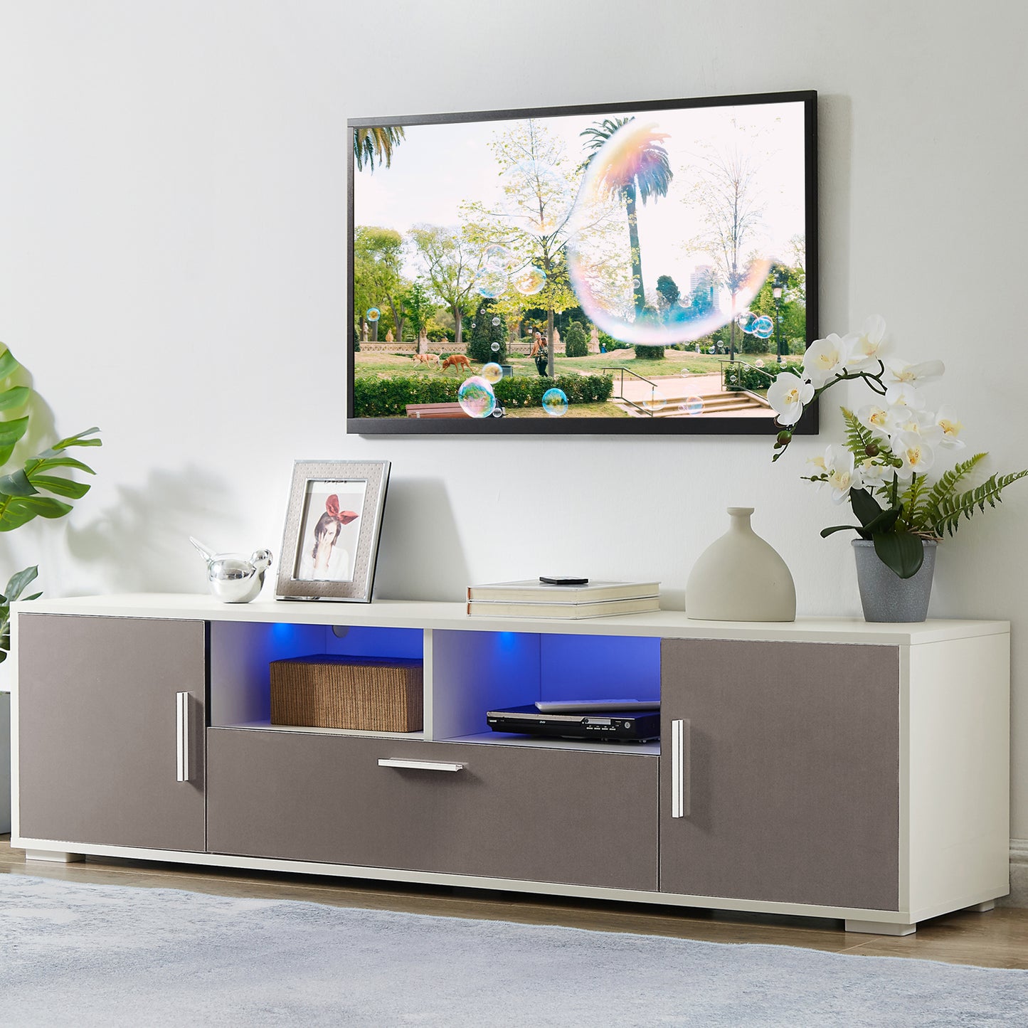 BTMWAY TV Stand for 70 Inch TV, New Generation Quick Assemble TV Cabinet with LED Lights and Drawers