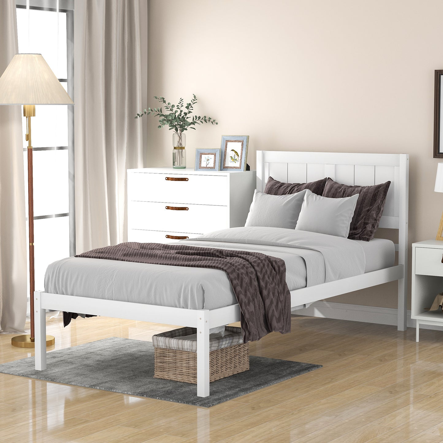 BTMWAY Twin Bed Frame with Headboard, Modern Wood Platform Bed for Kids Teens Adults