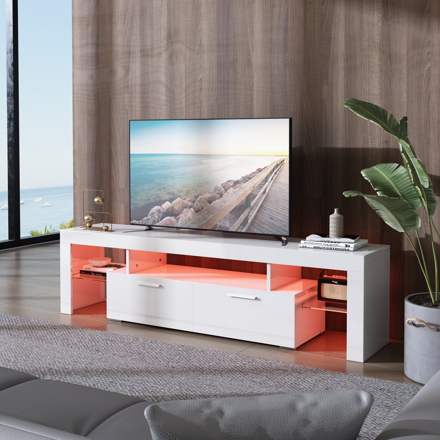 Black TV Stand for 70 Inch TV, Modern High Glossy TV Cabinet with Remote Control 16 Colors LED Lights