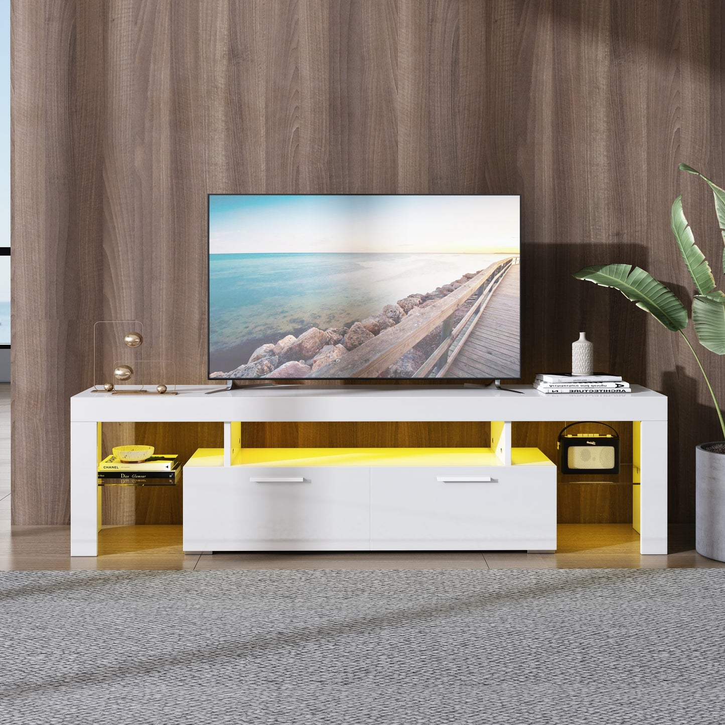 Black TV Stand for 70 Inch TV, Modern High Glossy TV Cabinet with Remote Control 16 Colors LED Lights