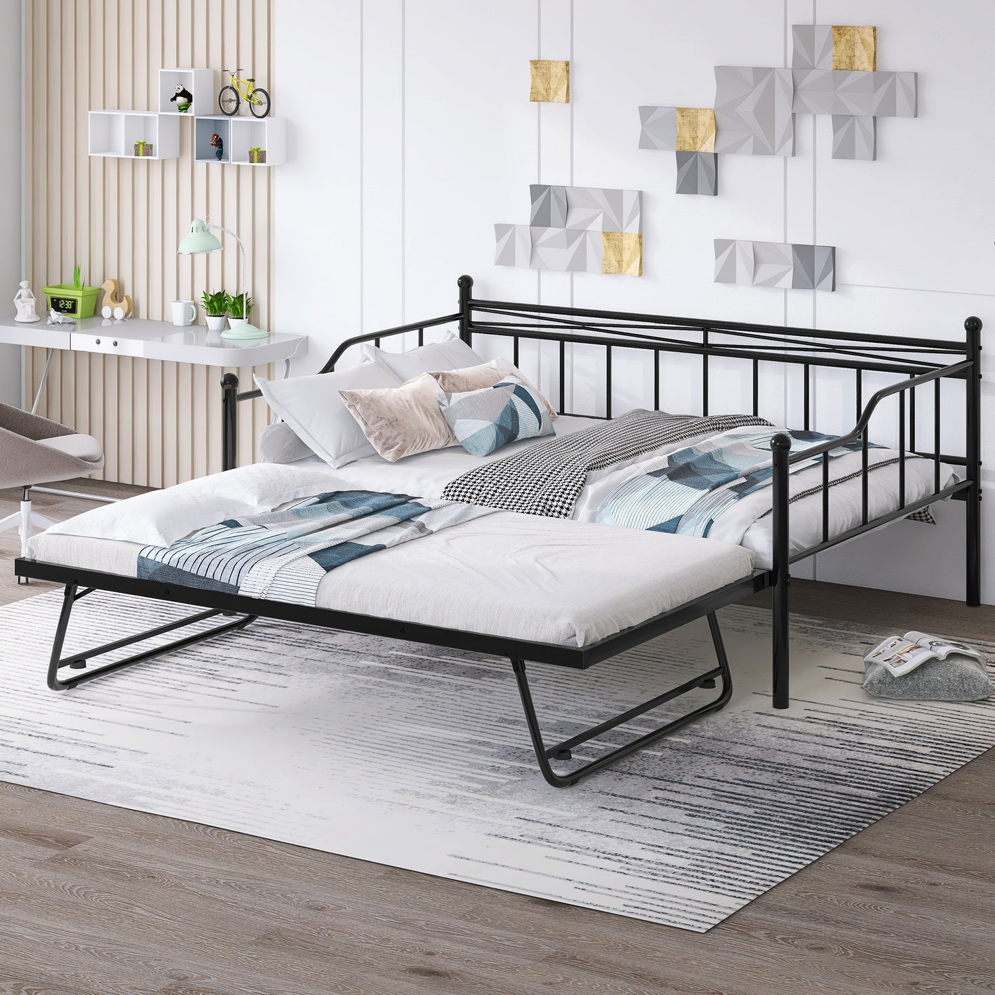 BTMWAY Daybed with Trundle Included, Twin Size Metal Daybed Frame with Adjustable Trundle, Heavy Duty Extendable Daybed with Pop Up Trundle Bed