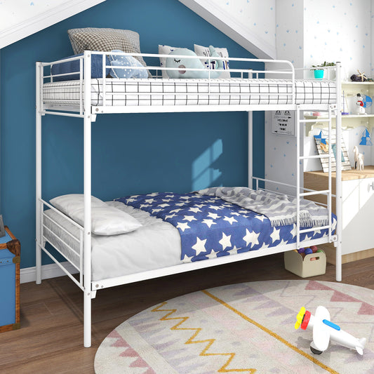 Bunk Beds Twin Over Twin, BTMWAY Twin Bunk Beds for Kids Teens Adults, Modern Metal Twin Bunk Beds No Box Spring Needed, Heavy Duty Twin Over Twin Bunk Beds with Guard Rails and Ladders, White