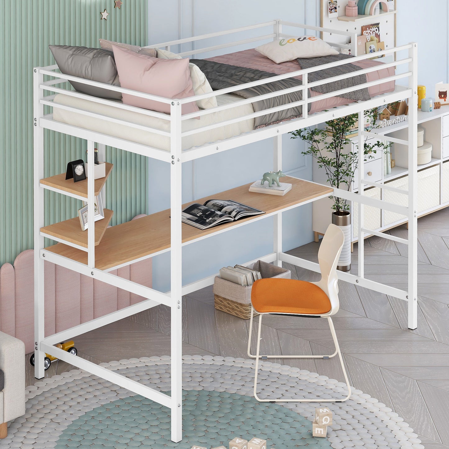 Twin Size Loft Bed, BTMWAY Modern Metal Twin Loft Bed with Desk and Shelve, Twin Size Loft Bed Frame for Boys Girls Adults Kids, Loft Bed Twin Size with Guardrails, Ladder, No Box Spring Needed, White