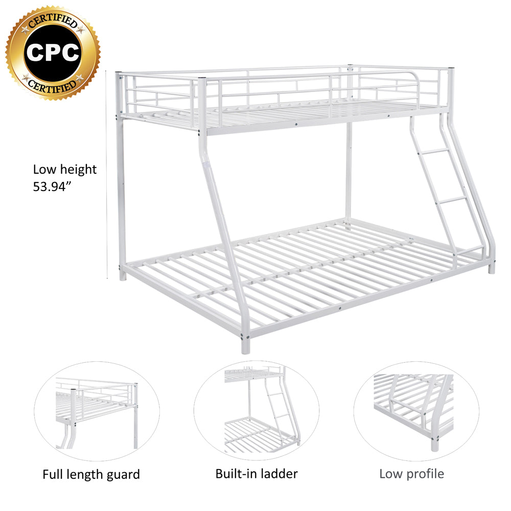 Twin over Full Bunk Bed, BTMWAY Metal Bunk Beds for Kids Adults, Heavy Duty Bunk Beds Twin over Full, Twin over Full Low Bunk Bed with Ladder, Kids Floor Bunk Bed for Bedroom, Dormitory, White, R2181