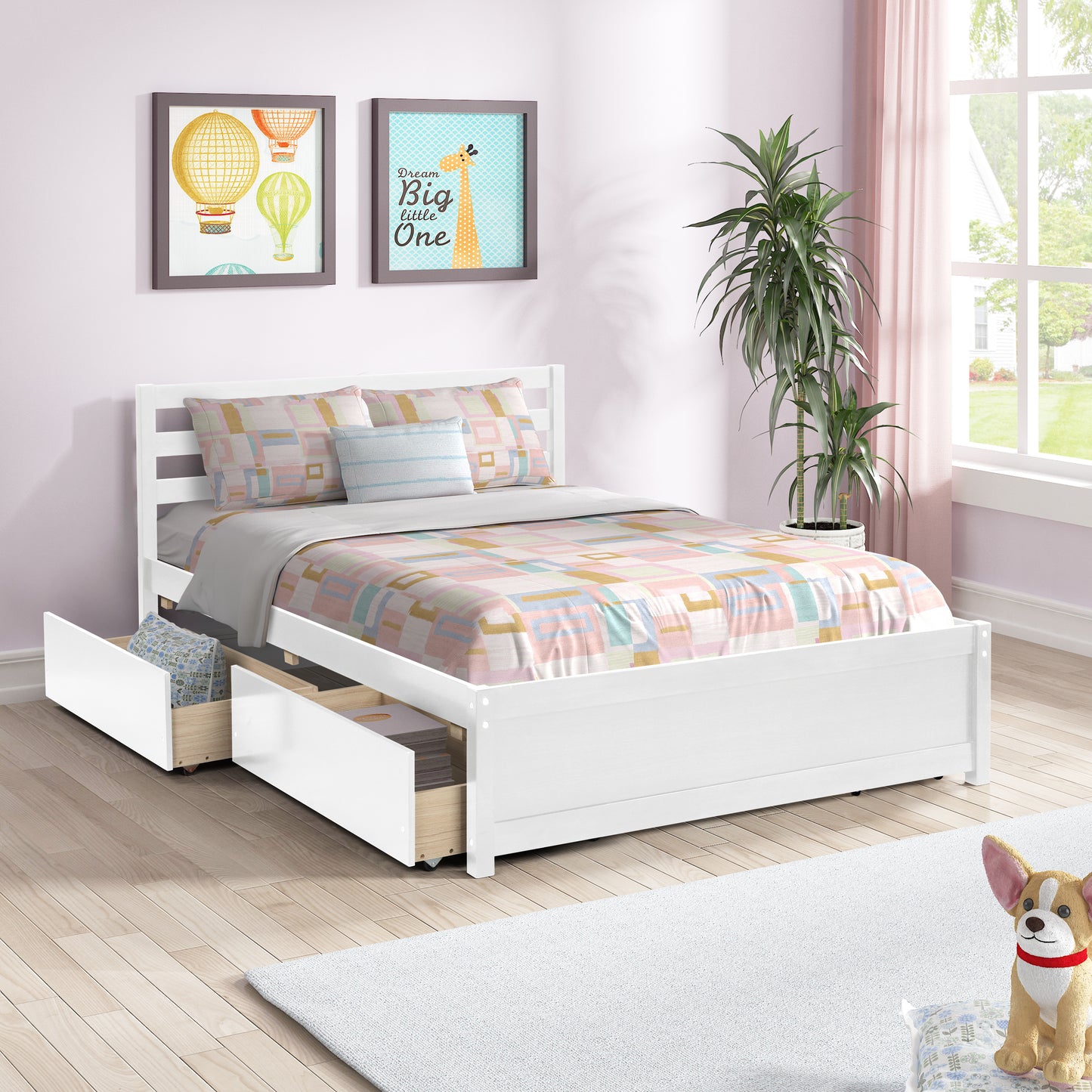 BTMWAY Full Bed Frame with Twin Headboard, Full Size Bed Frame No Box Spring Needed, Wood Full Platform Bed Frame with 4 Storage Drawers, Modern Bed Frame Full Size for Kids Teens Adults, White