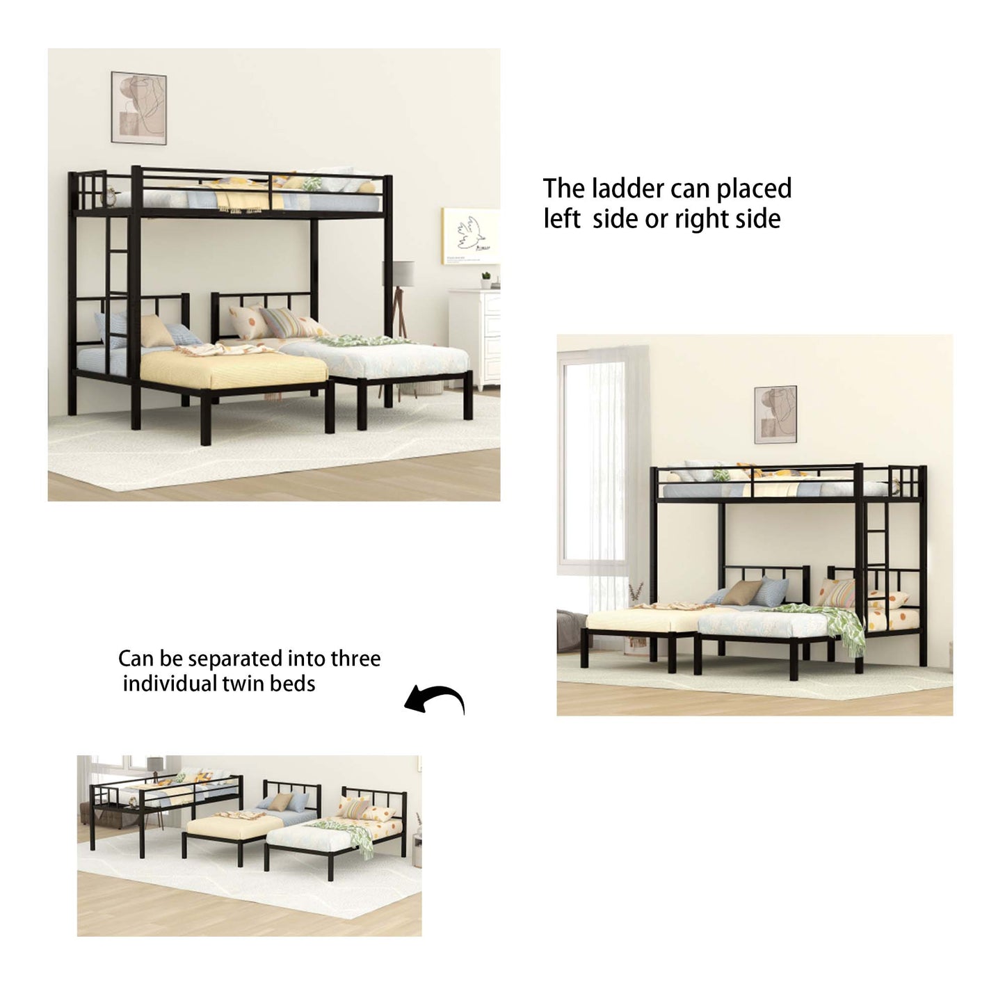 Metal Triple Bunk Beds, Twin Over Twin Over  Bunk Bed for Kids Teens Adults, Can be Separated into 3 Twin Beds with Headboard, Black, R1211