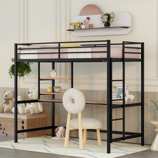 Twin Size Loft Bed, BTMWAY Modern Metal Twin Loft Bed with Desk and Shelve, Twin Size Loft Bed Frame for Boys Girls Adults Kids, Loft Bed Twin Size with Guardrails, Ladder, No Box Spring Needed, Black