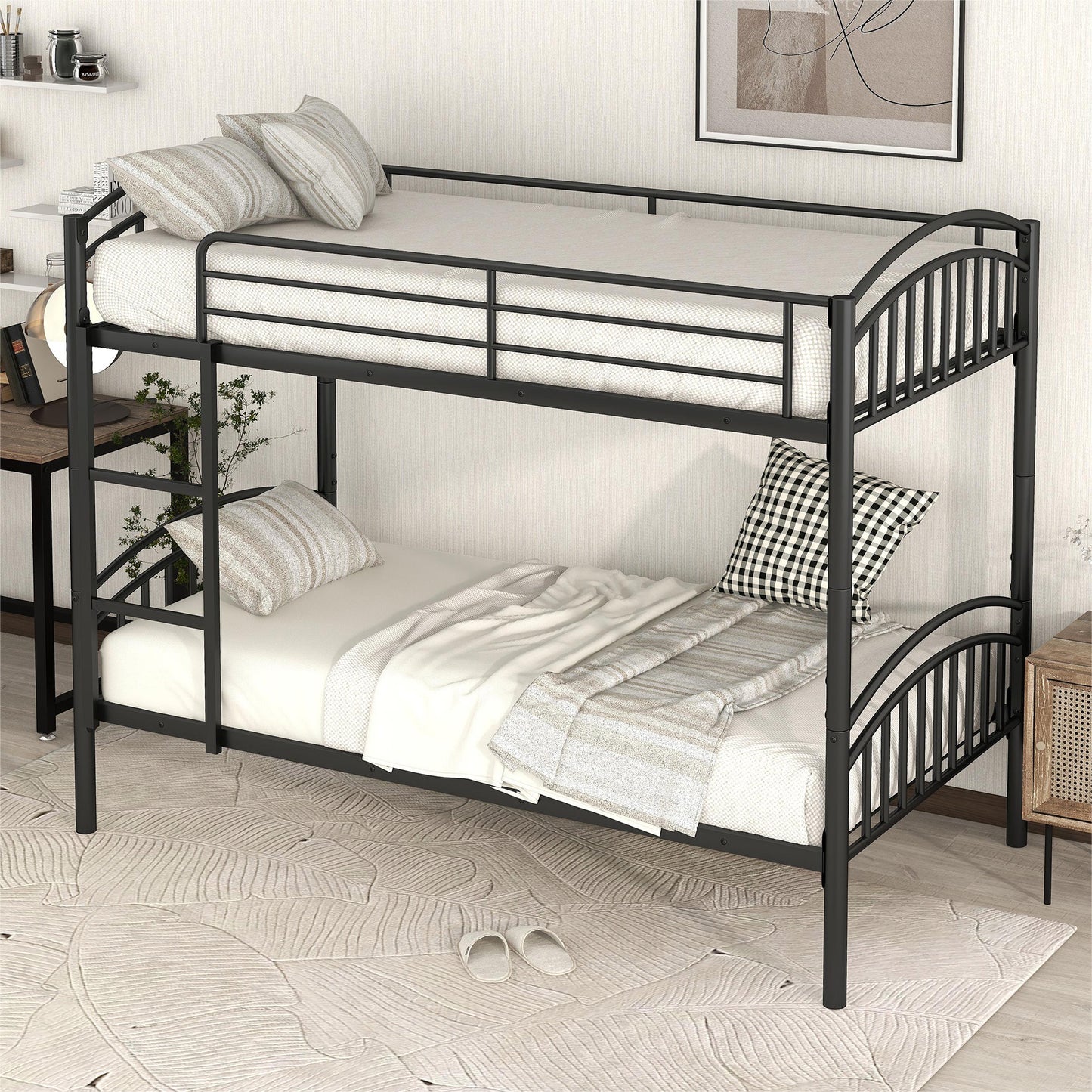 BTMWAY Twin Over Twin Metal Bunk Bed, Heavy Duty Twin Bunk Beds for Kids Teens Adults, Divided into Two Beds No Box Spring Needed, Bunk Bed Twin Over Twin with Guardrails, Ladder, Black