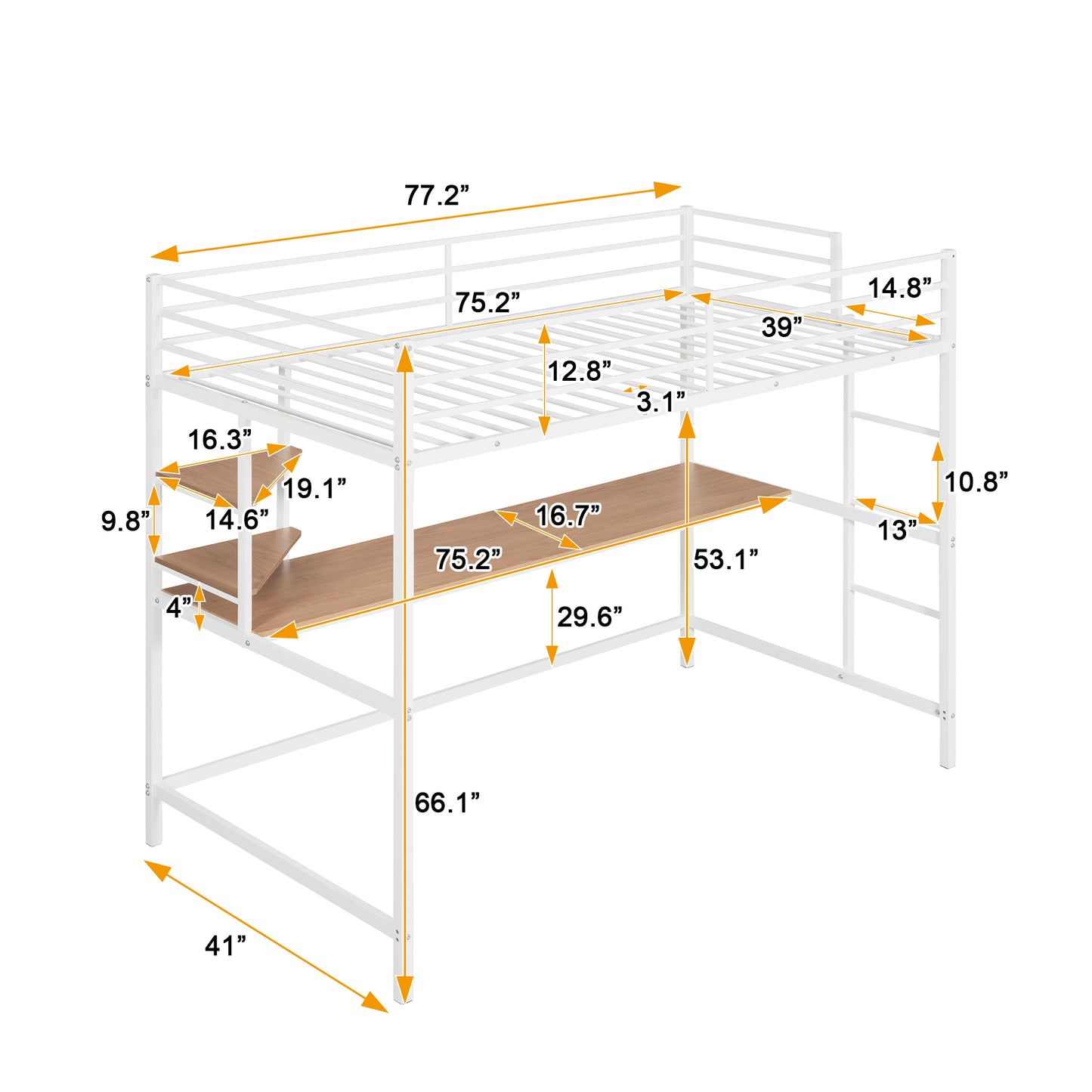 Twin Size Loft Bed, BTMWAY Modern Metal Twin Loft Bed with Desk and Shelve, Twin Size Loft Bed Frame for Boys Girls Adults Kids, Loft Bed Twin Size with Guardrails, Ladder, No Box Spring Needed, White