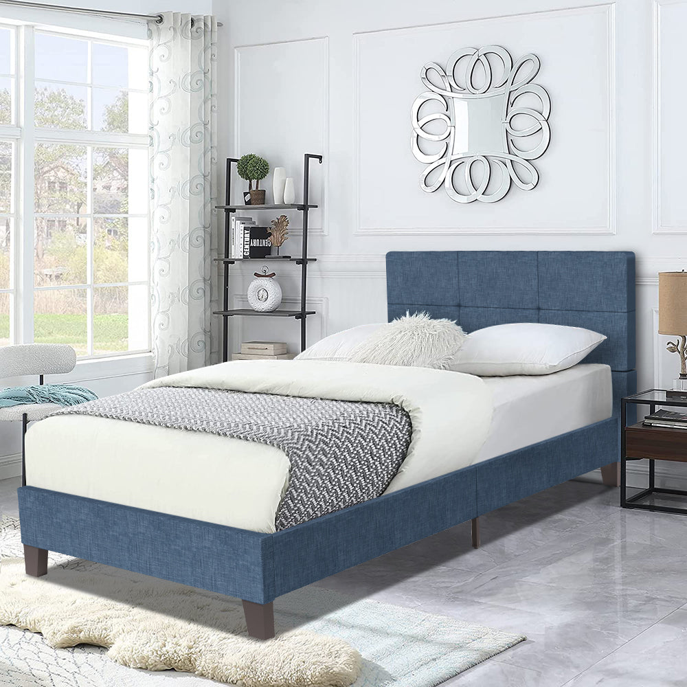 Twin Platform Bed Frame, Twin Size Bed Frame with Tufted Headboard, No Box Spring Needed, Modern Upholstered Twin Platform Bed, Bedroom Furniture Twin Bed Frame for Kids Adults, Dark Blue, R2645