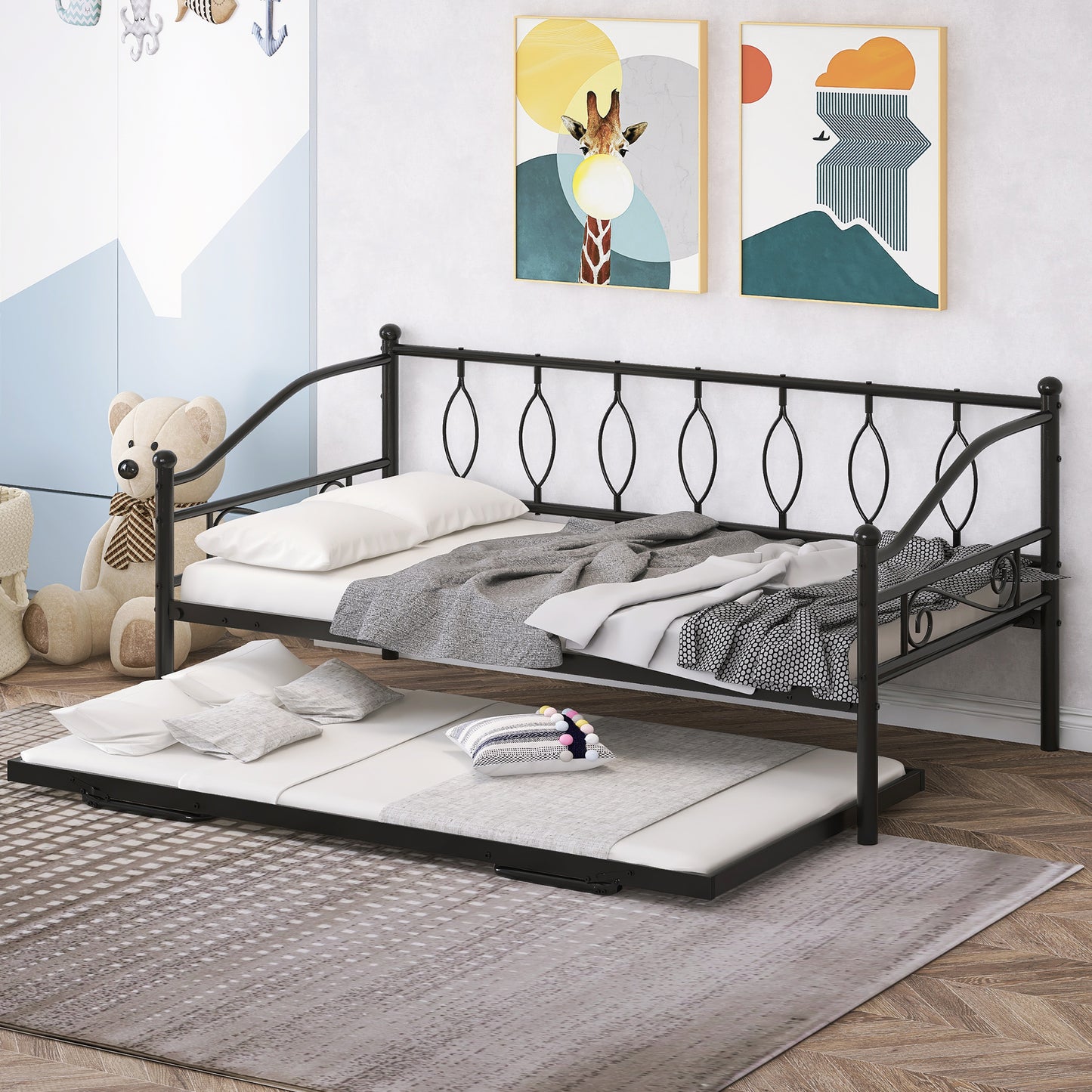 BTMWAY Daybed with Trundle Included, Twin Size Metal Daybed Frame with Adjustable Trundle, Heavy Duty Extendable Daybed with Pop Up Trundle Bed