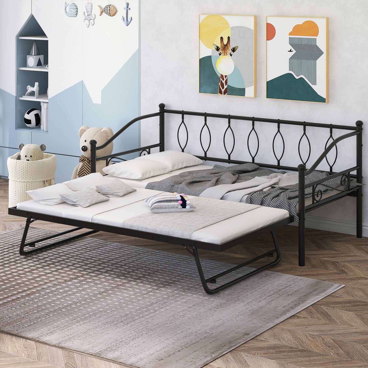 BTMWAY Daybed with Trundle Included, Twin Size Metal Daybed Frame with Adjustable Trundle, Heavy Duty Extendable Daybed with Pop Up Trundle Bed