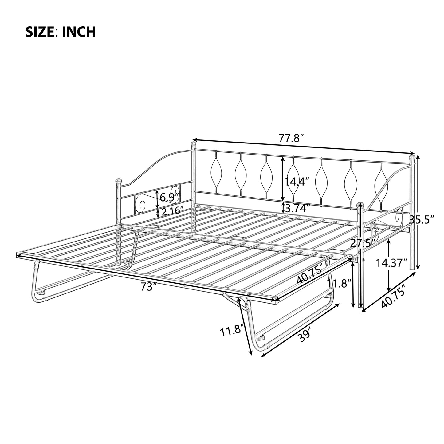 BTMWAY Daybed with Trundle Included, Twin Size Metal Daybed Frame with Adjustable Trundle, Heavy Duty Extendable Daybed with Pop Up Trundle Bed