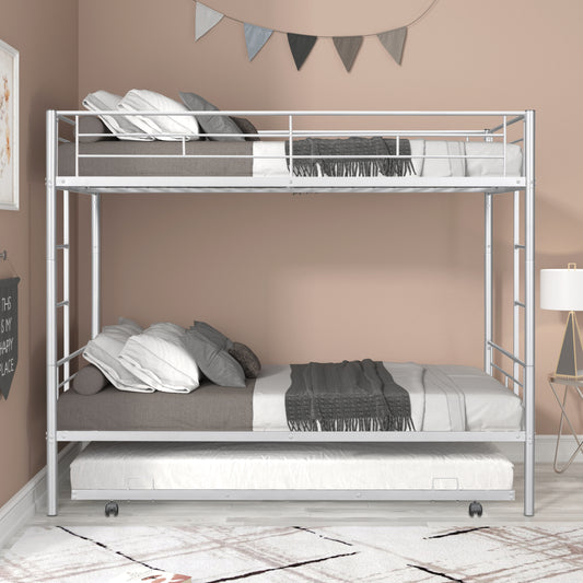 Twin Over Twin Metal Bunk Bed Frame with Trundle, BTMWAY Triple Bunk Beds Frame with Two Ladders and Guardrails, Can Be Divided Into 2 Twin Beds, Twin Bunk Bed for Kids Teens Adults Bedroom, Silver