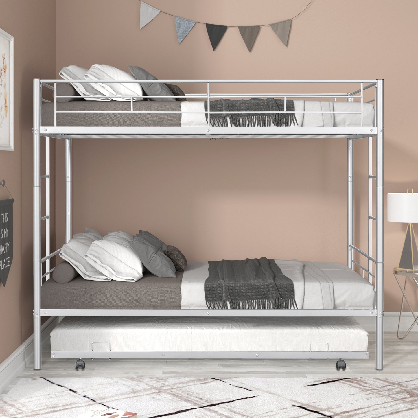 Twin Over Twin Bunk Bed with Trundle, BTMWAY Metal Bunk Beds Frame with 2 Side Ladders, Convertible Bunk Bed with Safety Guard Rails, No Box Spring Needed, Silver