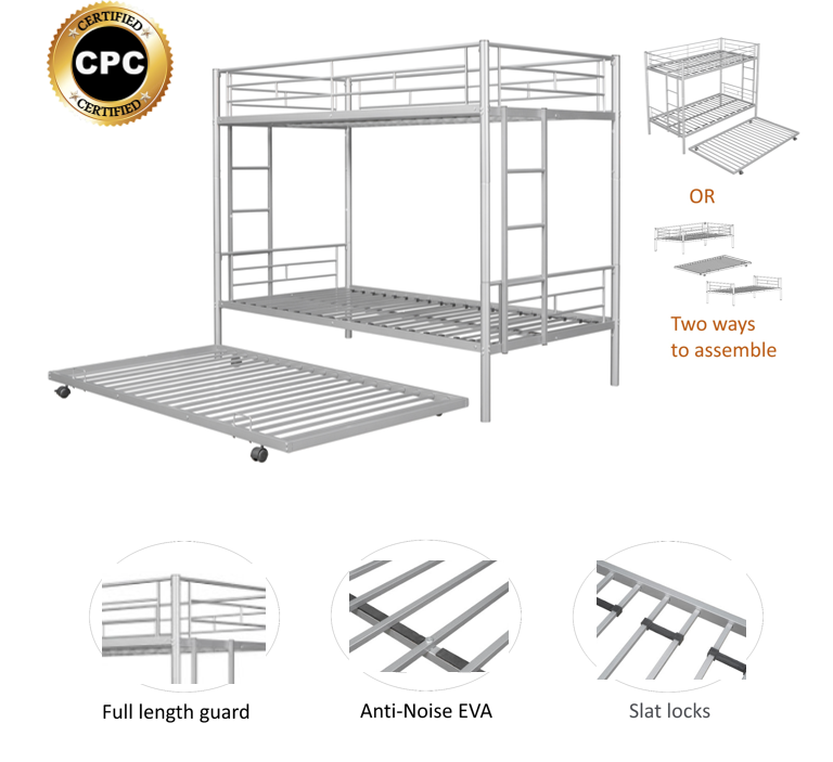 BTMWAY Twin Over Twin Bunk Bed with Trundle, Metal Bunk Beds Frame with 2 Side Ladders, Convertible Bunk Bed with Safety Guard Rails, No Box Spring Needed, Silver