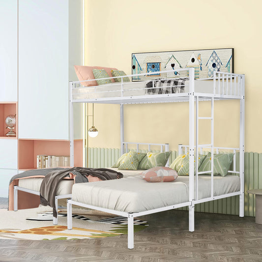 Metal Triple Bunk Beds, Twin Over Twin Over Bunk Bed for Kids Teens Adults, Can be Separated into 3 Twin Beds with Headboard, White, R1205