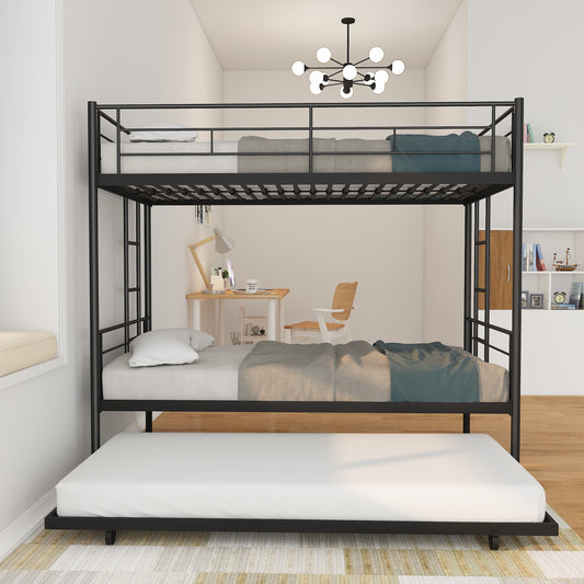 BTMWAY Twin Over Twin Metal Bunk Bed Frame with Trundle, Triple Bunk Beds Frame with Two Ladders and Guardrails, Can Be Divided Into 2 Twin Beds, Twin Bunk Bed for Kids Teens Adults Bedroom, Black