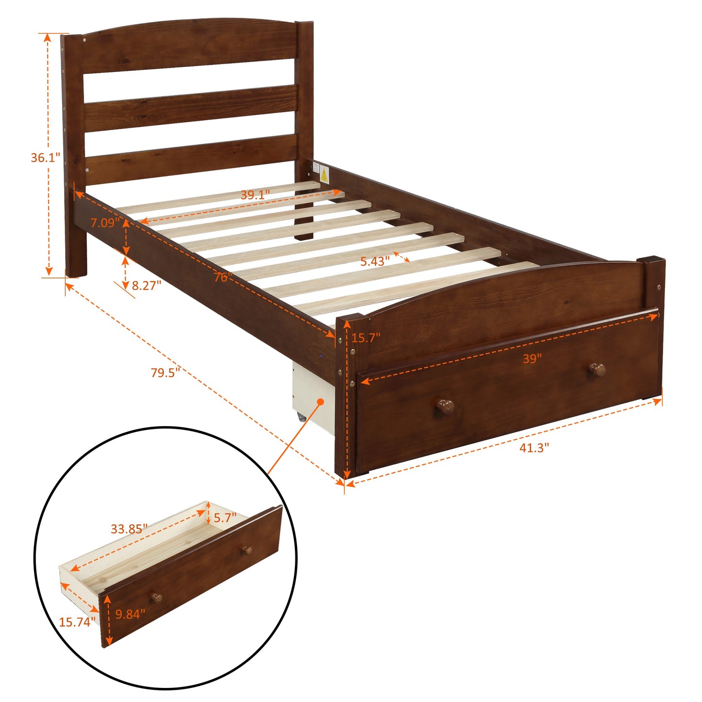 BTMWAY Twin Size Bed Frame, Single Platform Bed Frame for Kids Teens Adults, Wood Twin Bed Frame with Headboard and Storage Drawer, Modern Twin Platform Bed Frame No Box Spring Needed, Walnut, R5871