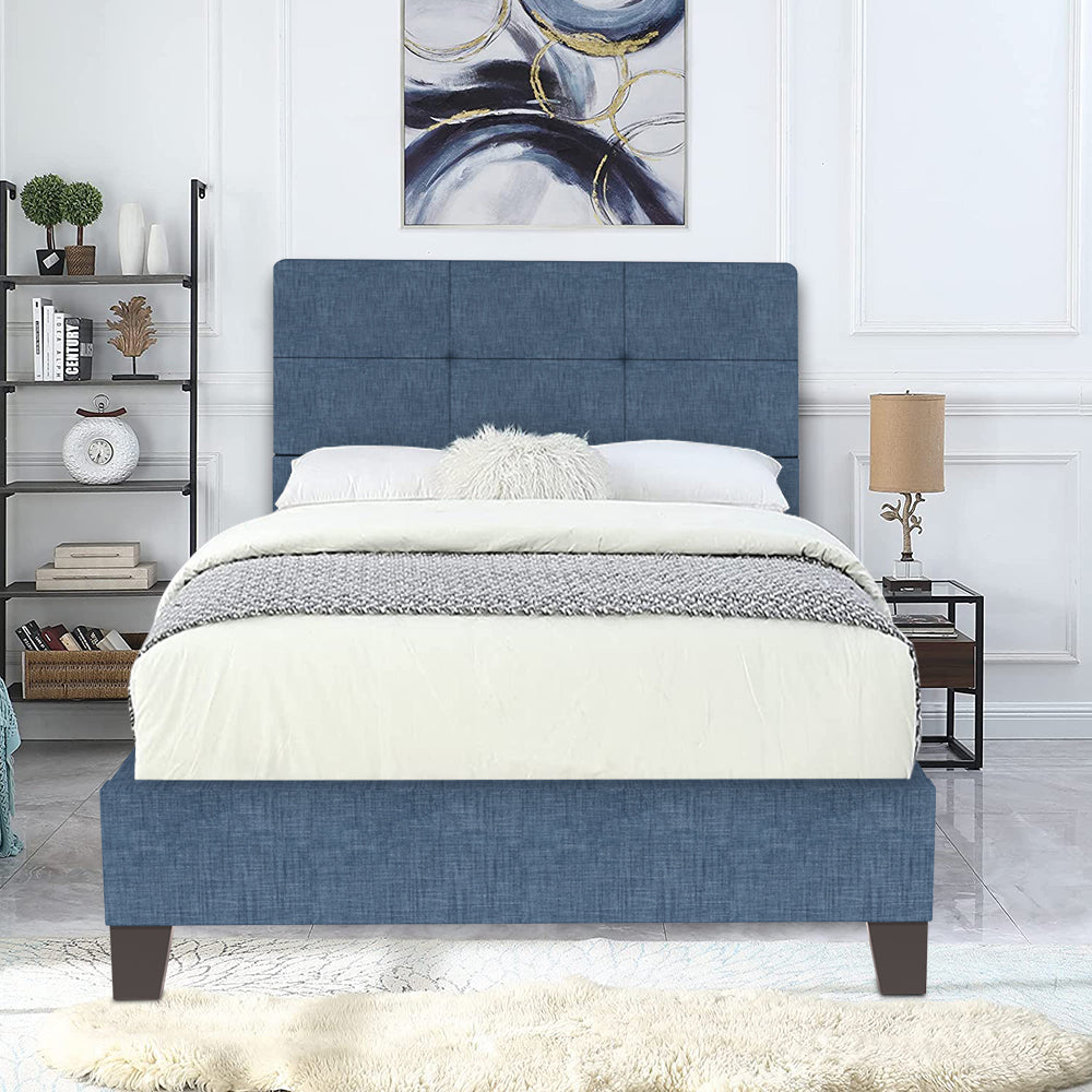 Twin Platform Bed Frame, Twin Size Bed Frame with Tufted Headboard, No Box Spring Needed, Modern Upholstered Twin Platform Bed, Bedroom Furniture Twin Bed Frame for Kids Adults, Dark Blue, R2645