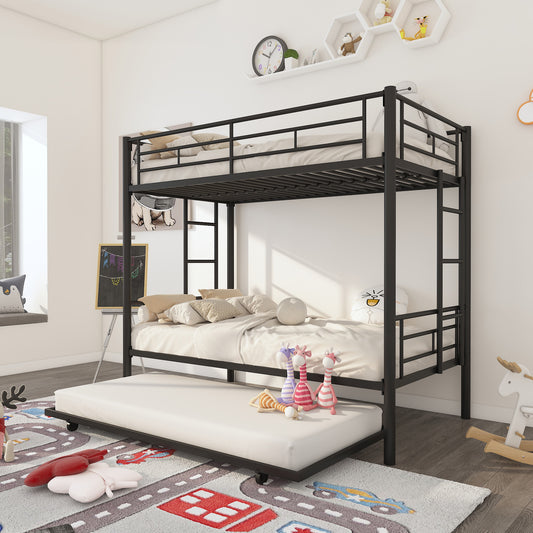 BTMWAY Twin Over Twin Metal Bunk Bed with Trundle, Triple Metal Bunk Bed Frame, Converted to 2 Twin Beds Frame with Ladder and Stairs, Saving Space Twin Bunk Bed Frame for Kids Adults, Black