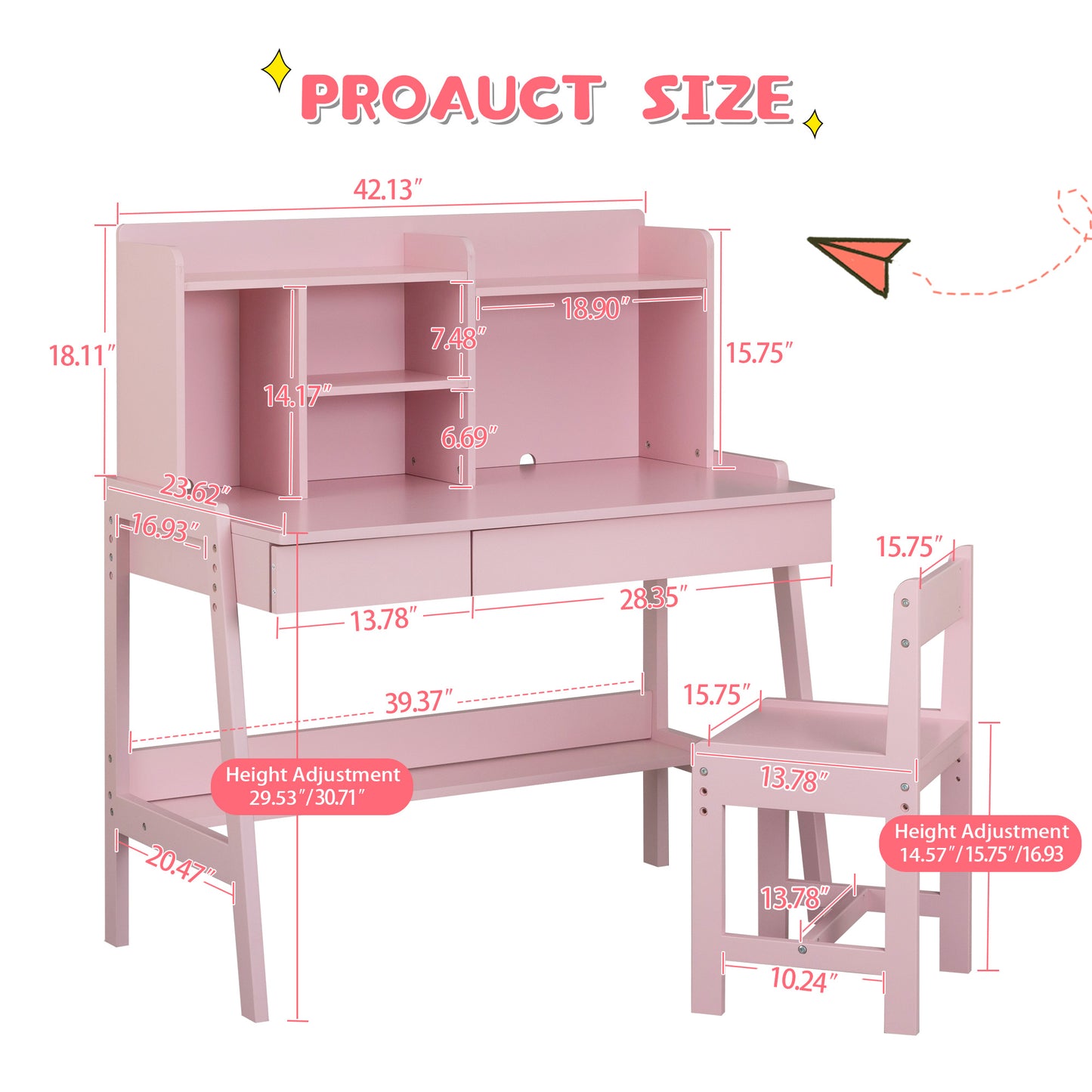 BTMWAY Kids Desk and Chair Set, Wood Study Desk for Kids with Chair, Children School Learning Table with Storage Drawers, Shelves, Student Writing Computer Workstation for Bedroom Study Room, Pink