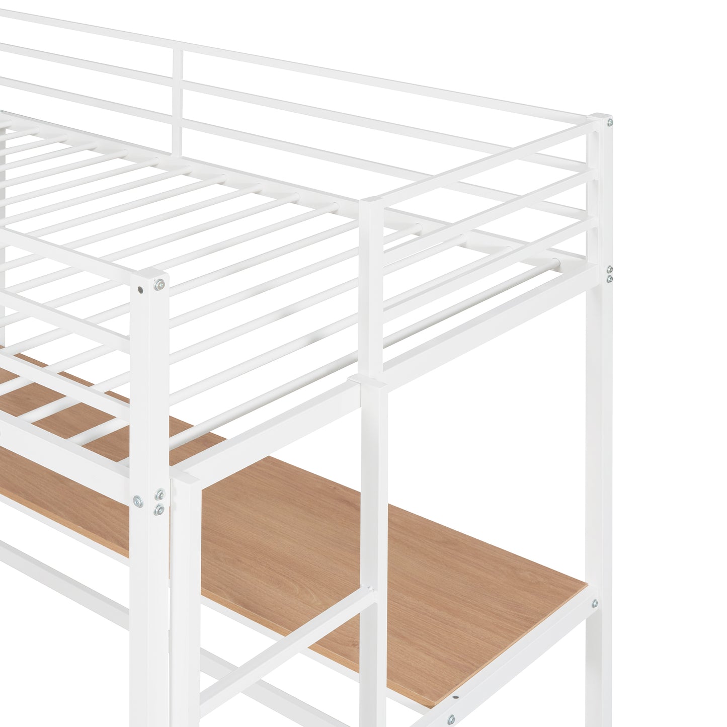 Twin Size Loft Bed, BTMWAY Modern Metal Twin Loft Bed with Desk and Shelve, Twin Size Loft Bed Frame for Boys Girls Adults Kids, Loft Bed Twin Size with Guardrails, Ladder, No Box Spring Needed, White