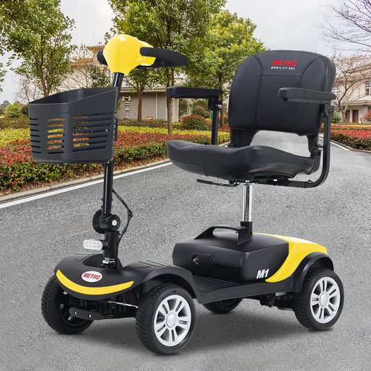 BTMWAY 4 Wheel Mobility Scooter, Compact Electric Powered Wheelchair Device, Folding Mobility Scooter for Adults Elderly, Heavy Duty Travel Mobility Scooters with LED Light and Basket, Yellow