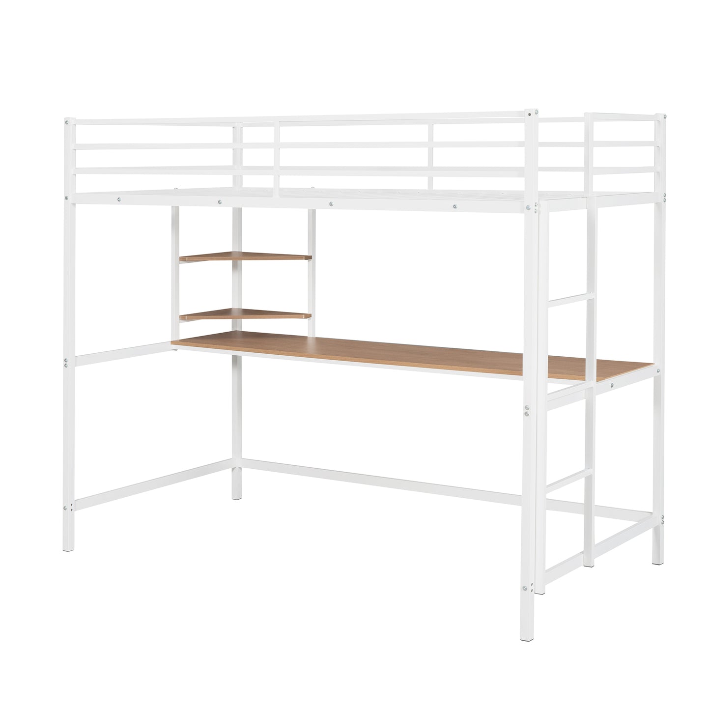 Twin Size Loft Bed, BTMWAY Modern Metal Twin Loft Bed with Desk and Shelve, Twin Size Loft Bed Frame for Boys Girls Adults Kids, Loft Bed Twin Size with Guardrails, Ladder, No Box Spring Needed, White