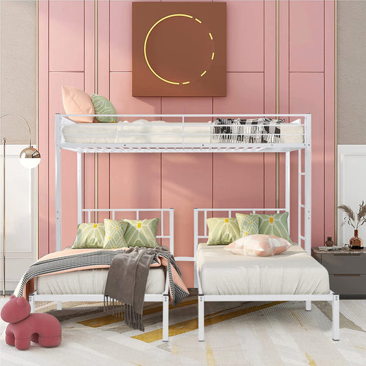 Twin Over Twin Over Twin Bunk Bed, BTMWAY Modern Metal Triple Bunk Beds, Convert into 3 Twin Beds, No Box Spring Needed, White, R1207