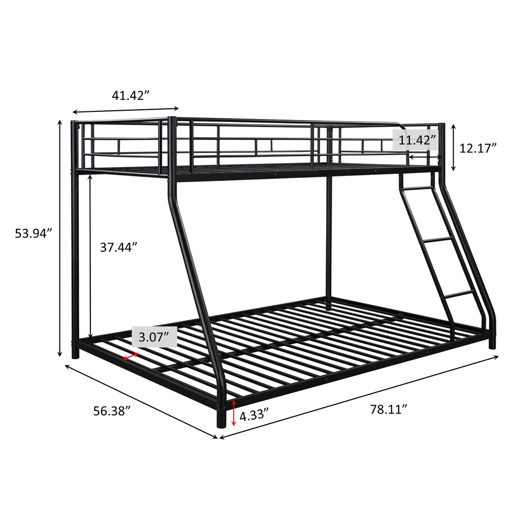 Twin over Full Metal Bunk Bed, BTMWAY Modern Bunk Bed Twin over Full, Twin over Full Low Bunk Bed with Ladder, Guardrails, Adult Kids Bunk Bed for Bedroom Dormitory, No Box Spring Needed, Black, R2177