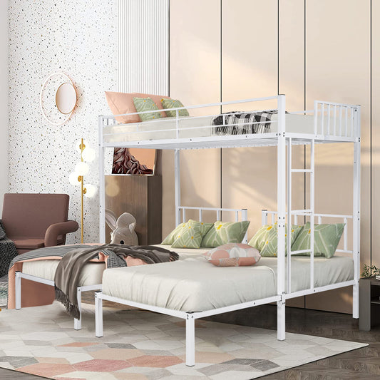 Twin Over Twin Over Twin Bunk Bed, BTMWAY Modern Metal Triple Bunk Beds, White Kids Triple Bunk Beds with Guardrails, Ladders, Convert into 3 Twin Beds Bedroom Furniture, No Box Spring Needed, R1204