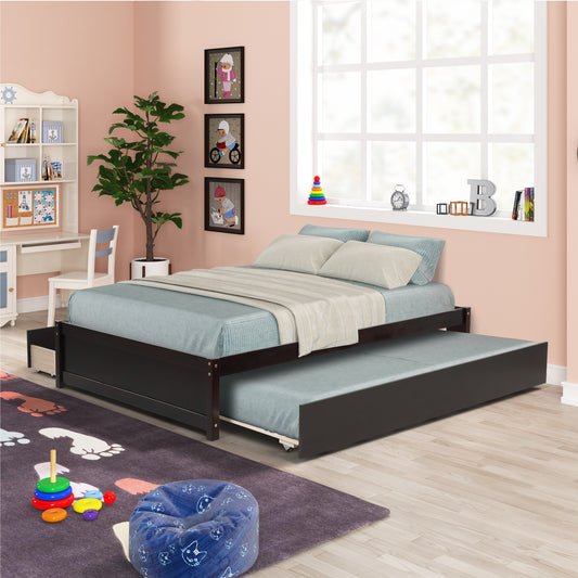 BTMWAY Full Bed Frame with Twin Trundle, Full Bed Frame No Box Spring Needed, Wood Full Platform Bed Frame with 2 Storage Drawers, Modern Bed Frame Full Size for Kids Teens Adults, Espresso, R1569