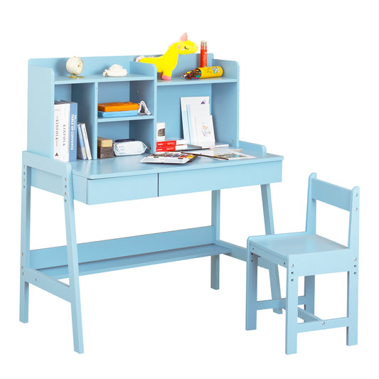 BTMWAY Kids Desk and Chair Set, Wood Study Desk for Kids with Chair, Children School Learning Table with Drawers, Shelves, Student Writing Computer Workstation for Bedroom Study Room, Antique Blue