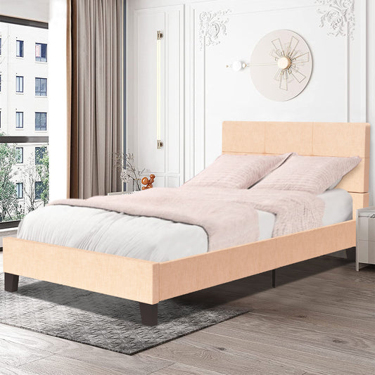 Twin Platform Bed Frame, Twin Size Bed Frame with Tufted Headboard, No Box Spring Needed, Modern Upholstered Twin Platform Bed, Bedroom Furniture Twin Bed Frame for Kids Adults, Beige, R2648