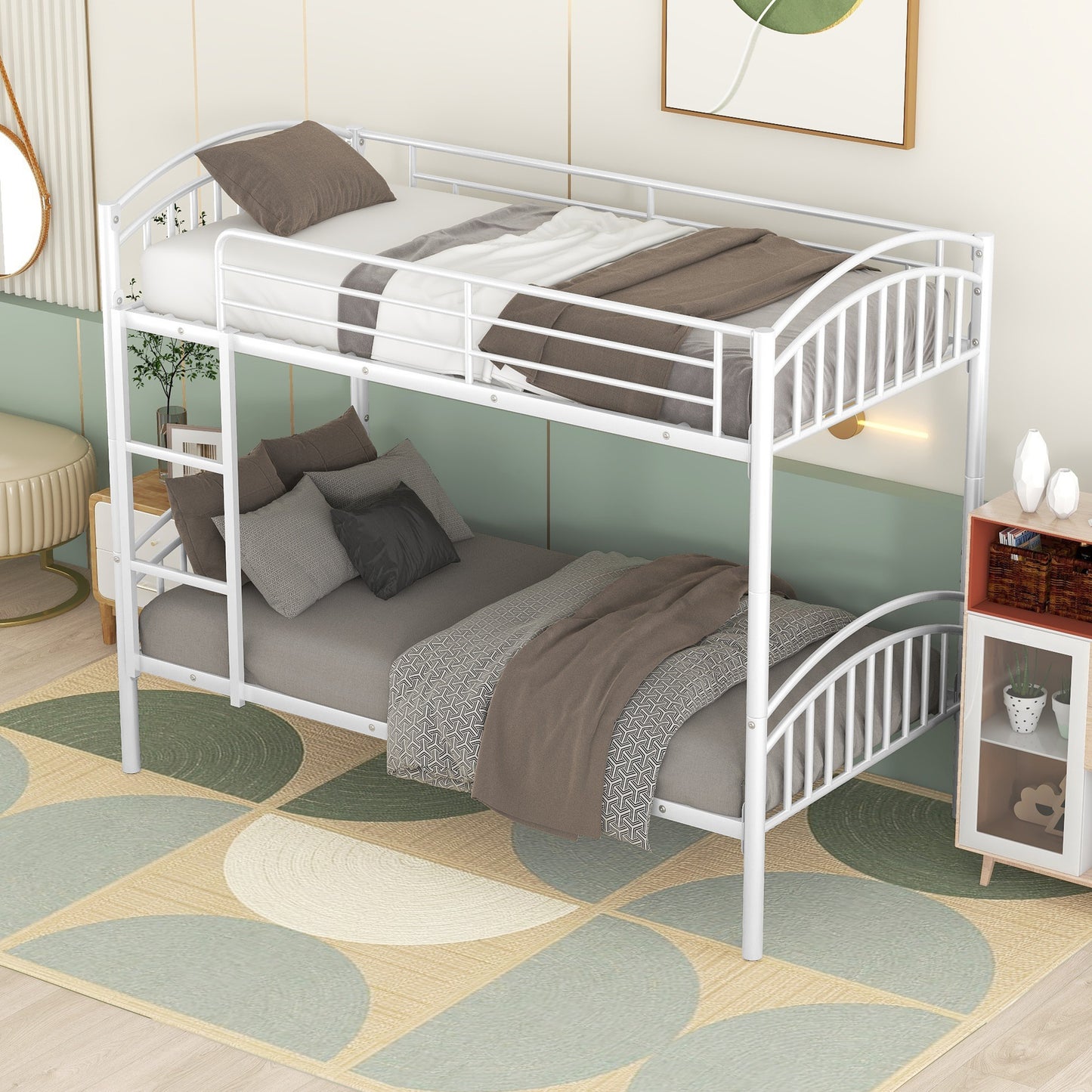 BTMWAY Twin Over Twin Metal Bunk Bed, Heavy Duty Twin Bunk Beds for Kids Teens Adults, Divided into Two Beds No Box Spring Needed, Bunk Bed Twin Over Twin with Guardrails, Ladder, White